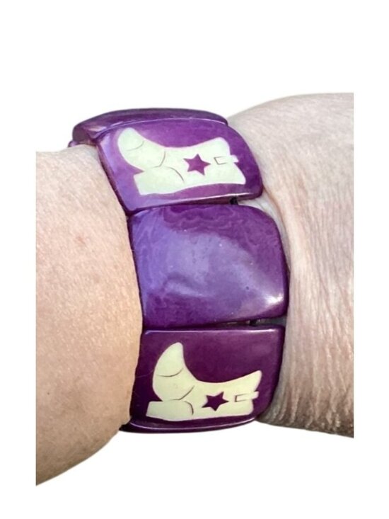 Unbranded Jewelry - Wide Purple Tagua Panel Stretch Bracelet Carved Cowboy Boot Motif Festival Wear